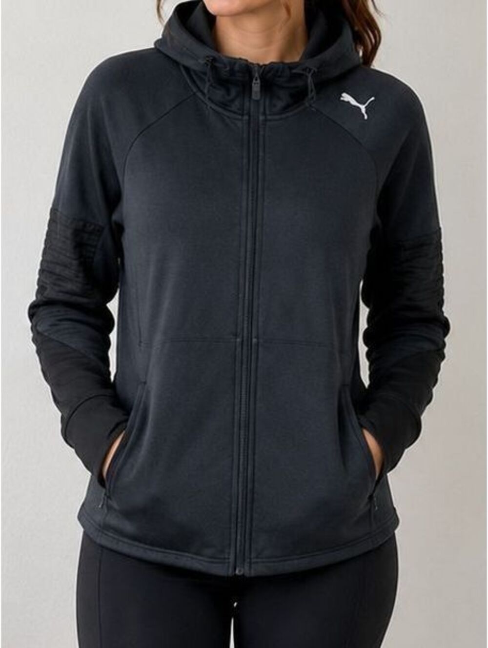 Puma Black Hooded Zip-Up Jacket with Ribbed Elbow Detail, Woman's Size M